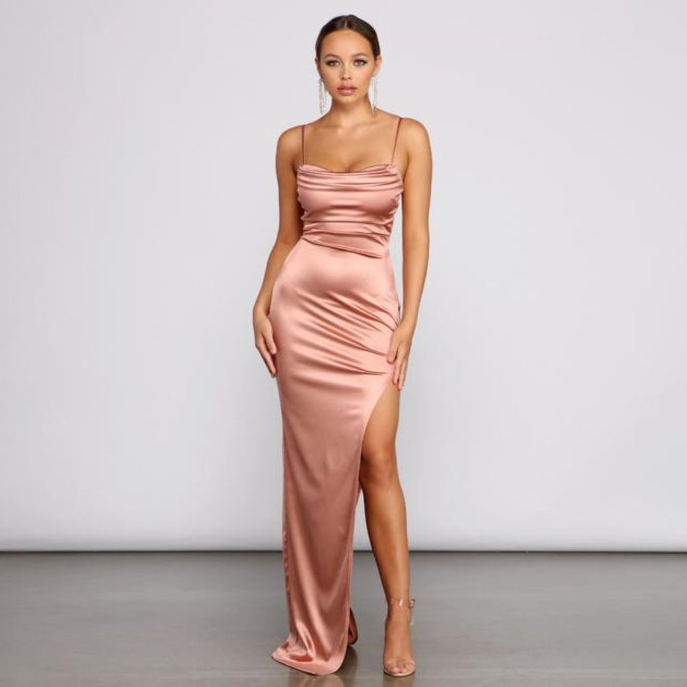 NWT Windsor High Slit Satin Dress in Rose Gold